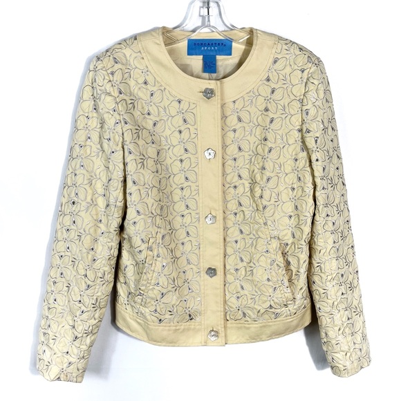 Doncaster Sport Yellow Floral Perforated Button Front Blazer Jacket Size 6 Coat - Picture 1 of 6